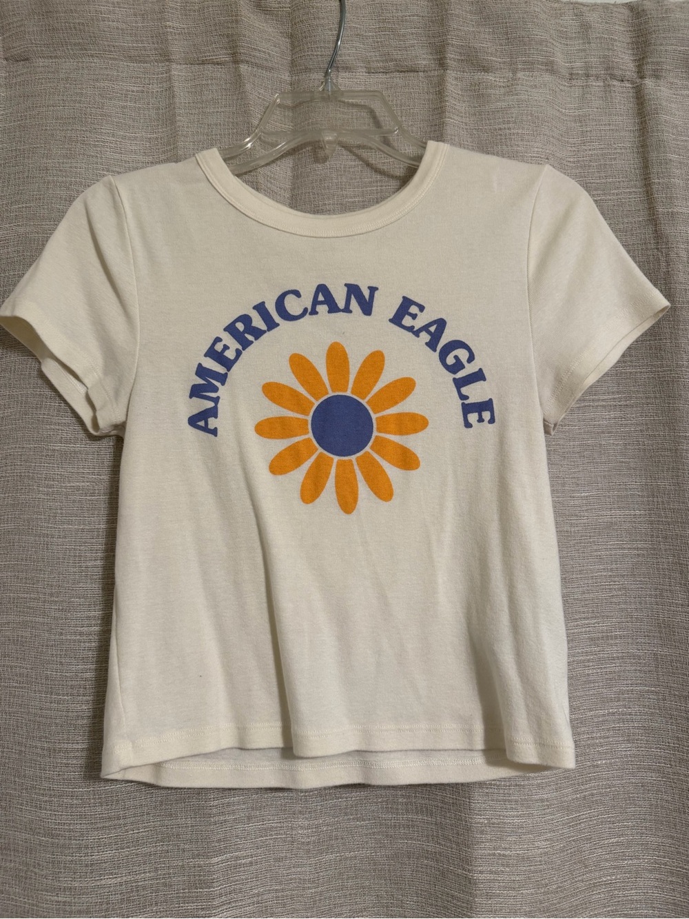 American Eagle Outfitters Cream Tee with Blue and Orange Daisy Graphic